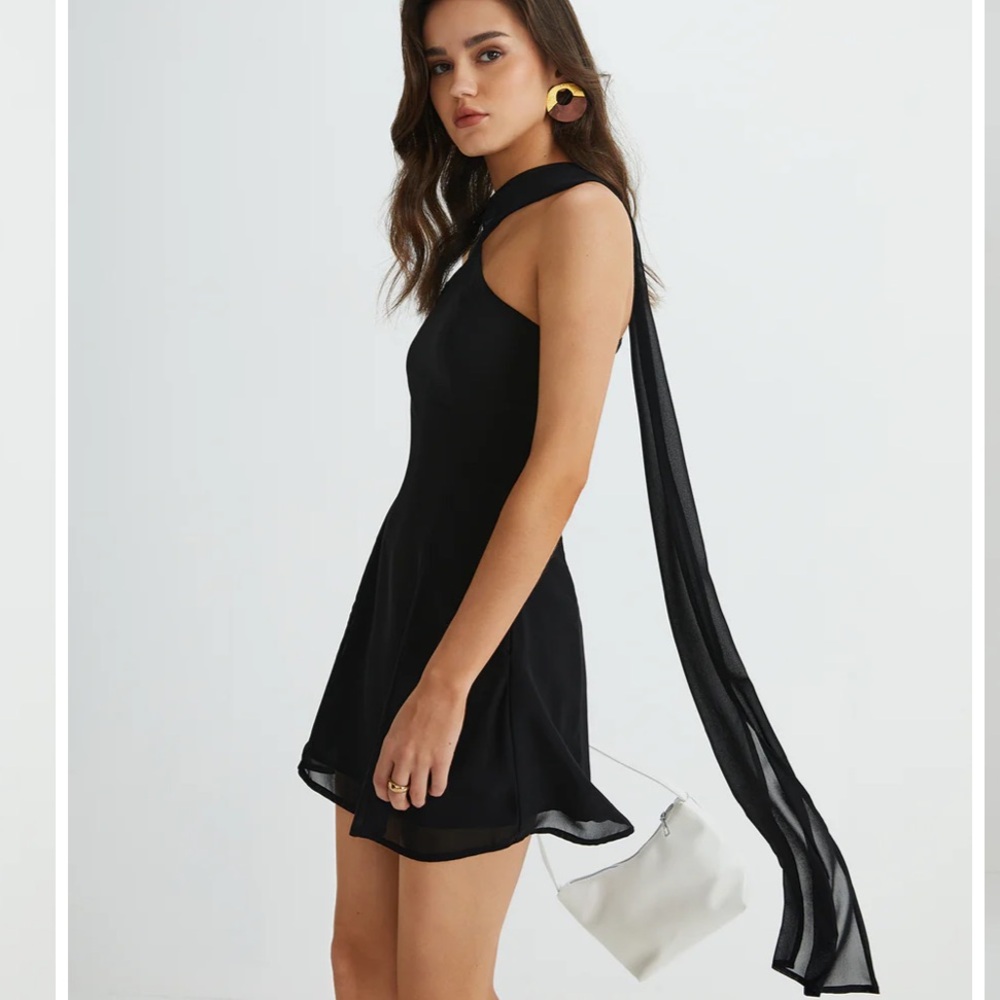 Black asymmetrical dress with flowy scarf